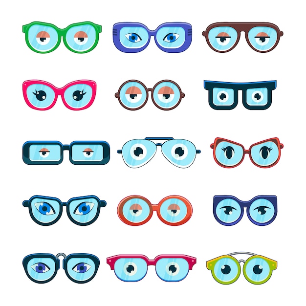 Vektor brille mit augen cartoon brillengestell oder sonnenbrille in formen und zubehör für hipster mode optische rahmen brillen sehkraft ansicht set illustration isoliert auf weißem hintergrund