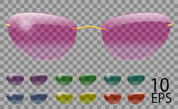 Vektor brille stellen. futuristisch; schmale form.transparent verschiedene farbe.sonnenbrille.3d-grafik.pink blau lila gelb rot grün.unisex damen herren