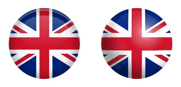 Britische union jack-flagge unter 3d-dome-taste und auf glänzender kugel / kugel.