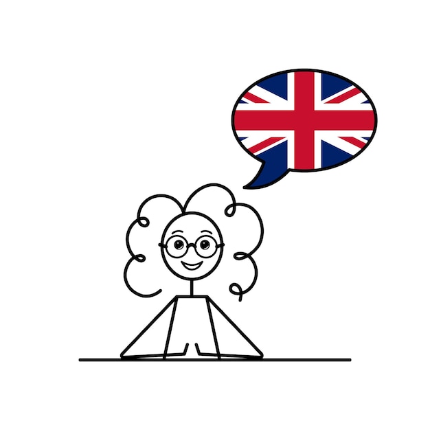 Vektor britisches englisch großbritannien englisches cartoon-mädchen mit sprechblase in den farben der britischen flagge, weibliche figur, die bre-sprachvektorillustration lernt, schwarze linienskizze