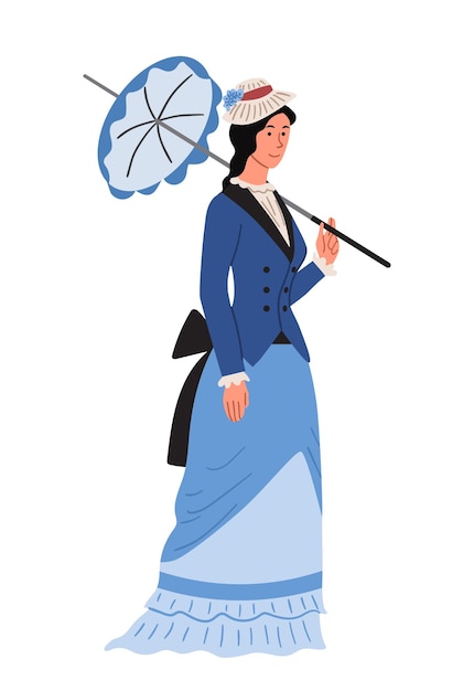 Vektor britisches retro-frauenkonzept mädchen im blauen kleid mit regenschirm schönheitsästhetik und eleganz grafisches element für website cartoon flache vektorillustration isoliert auf weißem hintergrund