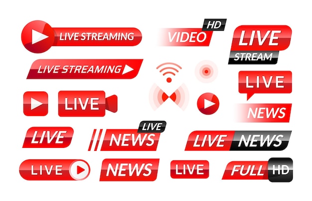 Broadcast-Symbole. Web- und mobile Videoübersetzungsschaltflächen und -banner für Live-Nachrichten und Stream-Übertragungen. Vektor-rote Online-Player-UI-Elemente eingestellt