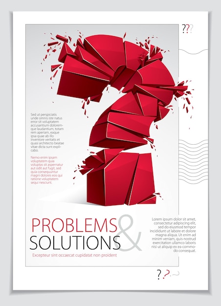 Broken Question Mark explodierende Broschüre oder Flyer-Design, Abfrage in Stücke zerbrechen, Vektor realistische 3D-Darstellung. Konzeptsymbol für Sonderzeichen, Zweifel, Schwierigkeit, FAQ und Supportkonzept.