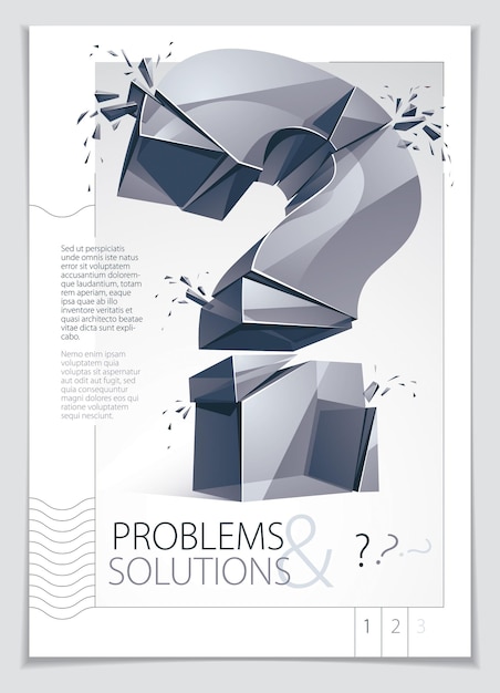 Broken question mark explodierende broschüre oder flyer-design, abfrage in stücke zerbrechen, vektor realistische 3d-darstellung. konzeptsymbol für sonderzeichen, zweifel, schwierigkeit, faq und supportkonzept.