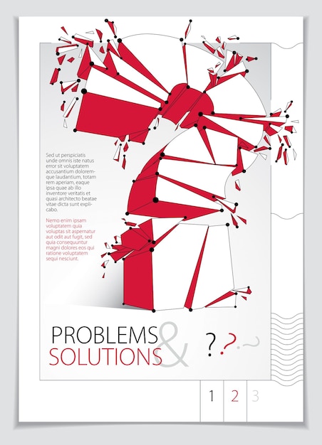 Broken question mark explodierende broschüre oder flyer-design, abfrage in stücke zerbrechen, vektor realistische 3d-darstellung. konzeptsymbol für sonderzeichen, zweifel, schwierigkeit, faq und supportkonzept.