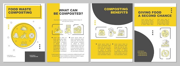 Vektor broschüre vorlage für die kompostierung von lebensmittelabfällen. vorteile der kompostierung. flyer, broschüre, faltblattdruck, umschlaggestaltung mit linearen symbolen.