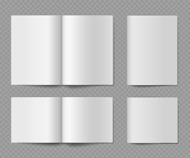 Vektor broschürenmodell. offene und geschlossene horizontale leere papierbroschüre, zeitschrift oder faltkatalog, zeitschrift oder buch für präsentationsdesign, realistischer vektorsatz einzeln auf transparentem hintergrund