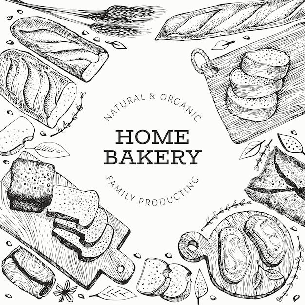 Brot und gebäck banner. gezeichnete illustration der bäckerei hand. vintage vorlage.