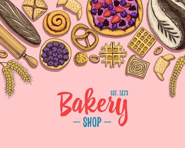 Brot und gebäck donut langer laib und obstkuchen süßes brötchen oder croissant muffin und toast gravierte hand gezeichnet in alter skizze und vintage-stil für etiketten- und menü-bäckerei-bio-lebensmittel-hintergrund