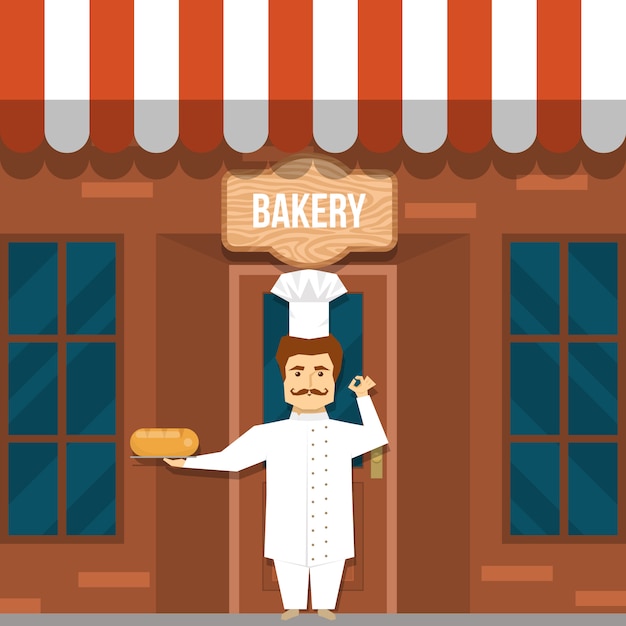 Brotmacher nahe bäckereientwurf mit schnurrbartmann in weißer uniform unter hölzernem schild