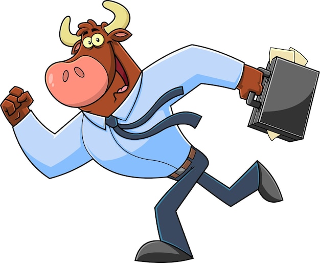 Vektor brown bull geschäftsmann cartoon-figur läuft mit aktenkoffer zu arbeiten