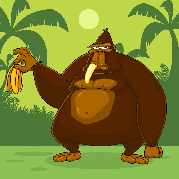 Brown gorilla cartoon character hält eine banane. illustration mit dschungelhintergrund