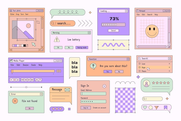 Browser-Computerschnittstellenfenster im Vaporwave-Stil Retro-PC-Desktop-Vorlagenboxen Vektor
