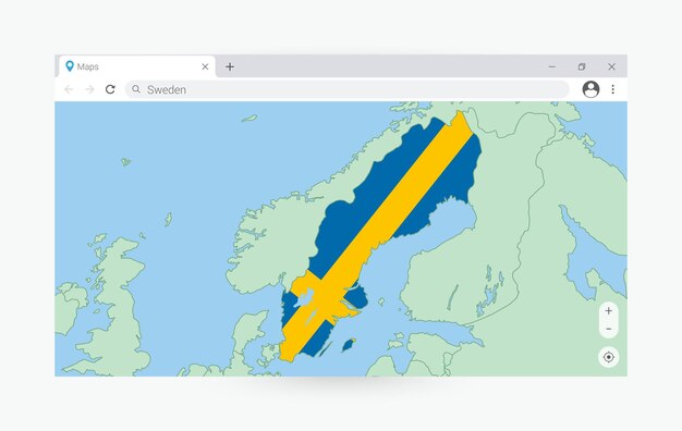 Vektor browserfenster mit karte von schweden, das schweden im internet sucht