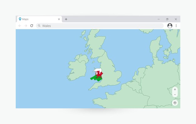 Browserfenster mit Karte von Wales sucht nach Wales im Internet