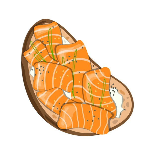 Bruschetta oder sandwich auf einer brotscheibe mit frischkäse, lachs und kräutern. vektor lokalisierte lebensmittelillustration.