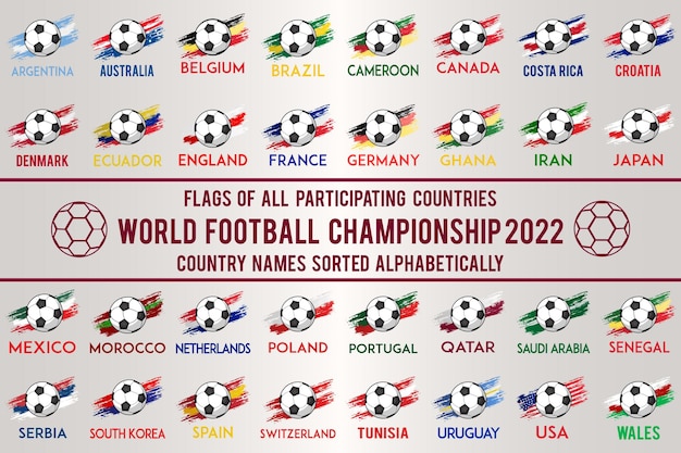 Brush flag set von 32 teilnehmenden ländern, weltmeisterschaft 2022