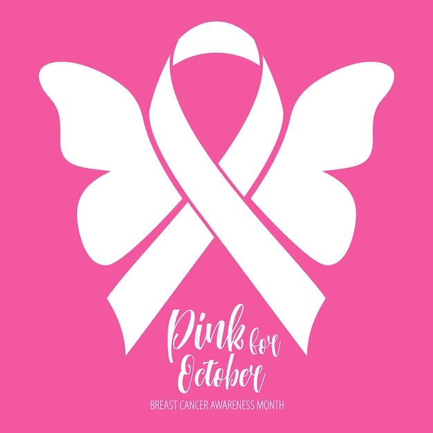 Brustkrebs-bewusstseinsmonat mit schmetterlingszeichen und rosa bändern, vektorgrafik-designposter