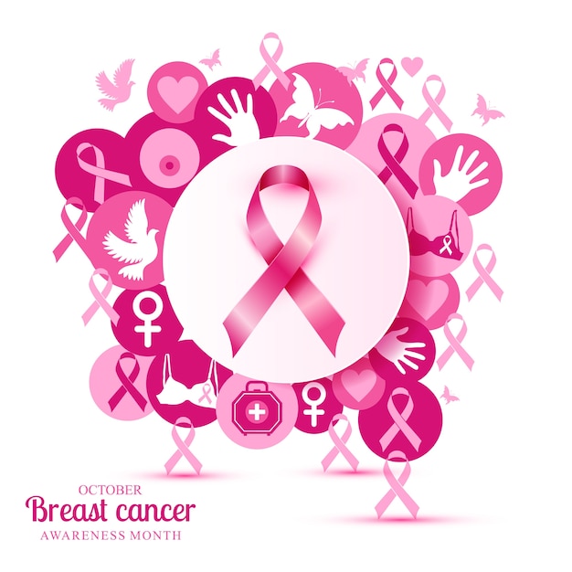 Brustkrebsillustration von rosa ikonen mit band.