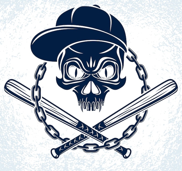 Vektor brutales gangster-emblem oder logo mit aggressiven schädel-baseballschlägern-designelementen, vektor-anarchie-kriminalität oder terrorismus-retro-stil, ghetto-revolutionär.