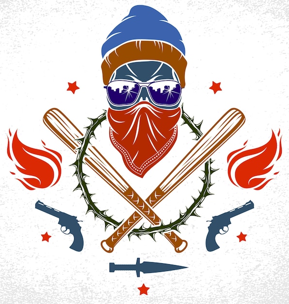 Brutales gangster-emblem oder logo mit aggressiven schädel-baseballschlägern und anderen waffen und designelementen, vektor-anarchie-kriminalität oder terrorismus-retro-stil, ghetto-revolutionär.