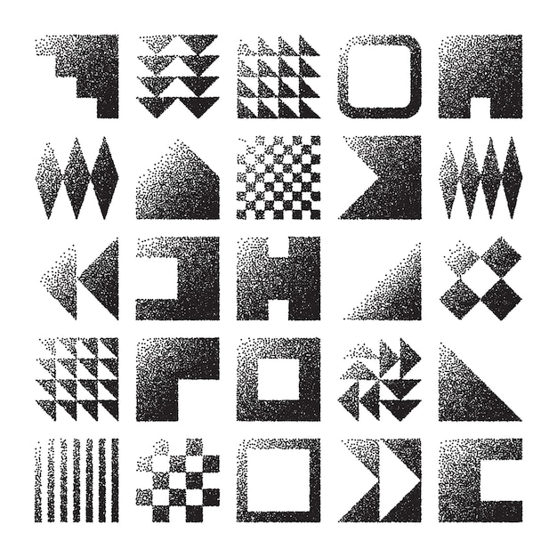 Brutalistische geometrische Formen gestrichelte Objekte stippelige Elemente moderne Symbole einfache primitive Formen