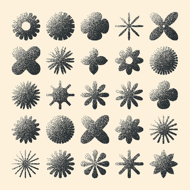 Brutalistische geometrische Formen gestrichelte Objekte stippelige Elemente moderne Symbole einfache primitive Formen