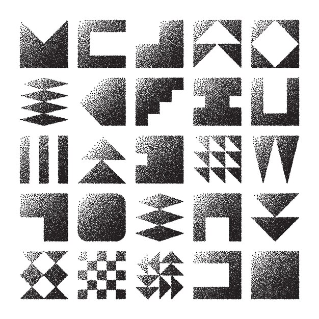 Brutalistische geometrische Formen gestrichelte Objekte stippelige Elemente moderne Symbole einfache primitive Formen