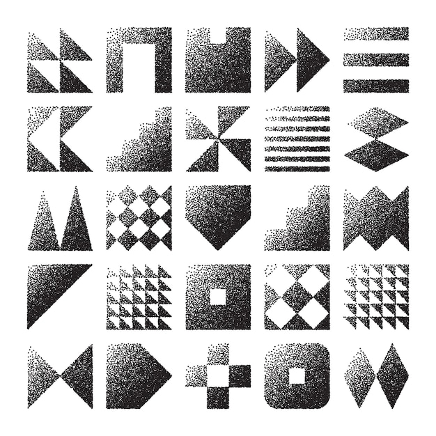 Brutalistische geometrische Formen gestrichelte Objekte stippelige Elemente moderne Symbole einfache primitive Formen