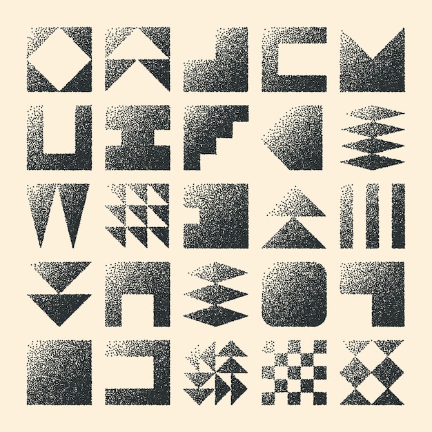 Brutalistische geometrische Formen gestrichelte Objekte stippelige Elemente moderne Symbole einfache primitive Formen