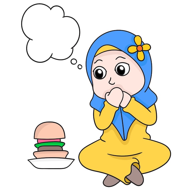 Bubble chat schönes muslimisches hijab-mädchen, das der versuchung des essens standhält, vektorillustrationskunst. doodle symbolbild kawaii.