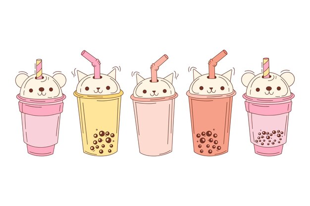 Bubble tea cup design collection leckere getränke erfrischungsgetränke mit doodle-stil banner bubble milk tea werbung mit köstlicher tapioca und perle bubble tea menü grafische vorlage