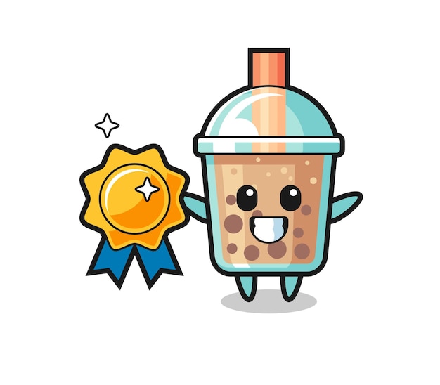 Bubble tea maskottchen illustration mit goldenem abzeichen, süßes design für t-shirt, aufkleber, logo-element