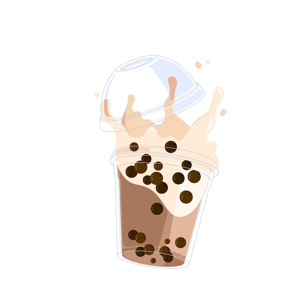 Bubble Tea oder Kaffeegetränk platzen mit Spritzern, Isolated On White Background Pearl Milk Boba Yummy Beverage In Glass