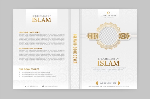 Buchcover-design im arabischen islamischen stil mit arabischem muster und fotorahmen