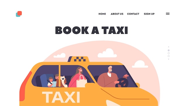 Buchen sie eine taxi-landing-page-vorlage familienfiguren mutter und kinder, die den taxi-transportdienst nutzen