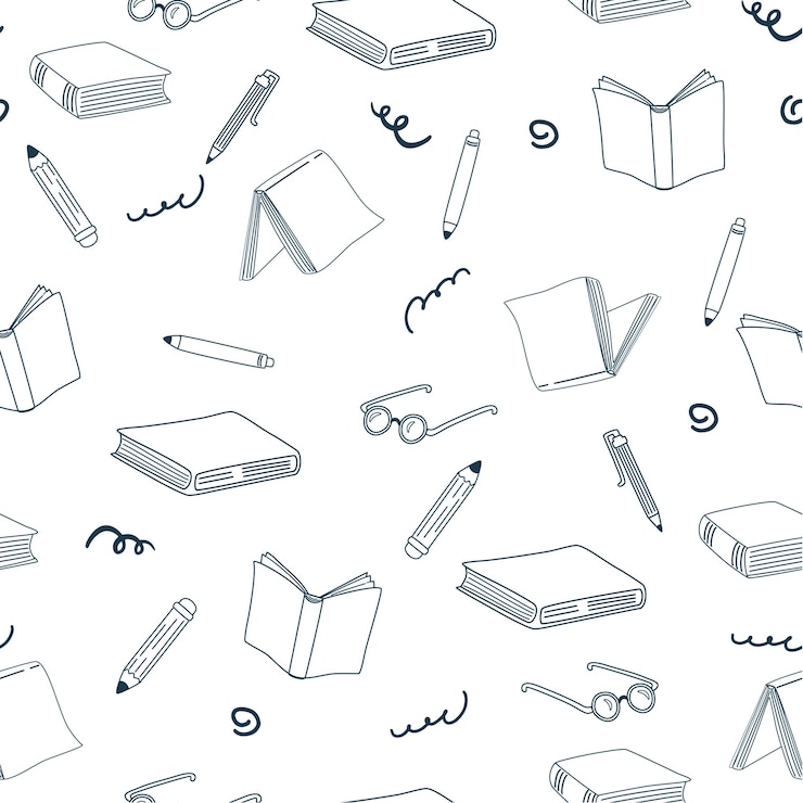 Vektor buchen sie nahtloses muster. bildungssymbole. handgezeichneter hintergrund für buchladen, leseclub, lernen, bibliothekstapete, texturkonzeptdesign. doodle-skizzenstil. vektor-illustration