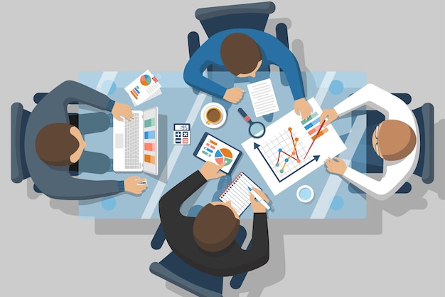 Buchhaltungskonzept Vektor-flaches Design Teamwork auf Buchhaltungsplanung Strategieanalyse Marktforschung Finanzmanagement Geschäftstreffen Teamarbeit Brainstorming Geschäftsleute in der Arbeit