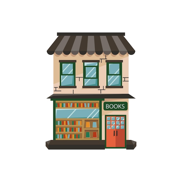 Buchhandlung Fenster Fassade Ladenbau im flachen Stil Städtischer kleiner Laden isoliert auf weißem Hintergrund Vektor-Illustration