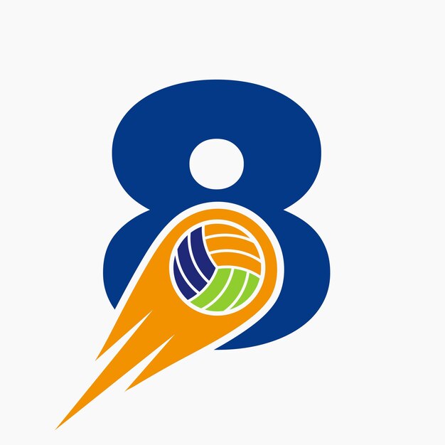 Vektor buchstabe 8 volleyball-logo-konzept mit beweglichem volleyball-symbol, volleyball-sport-logotyp-vorlage