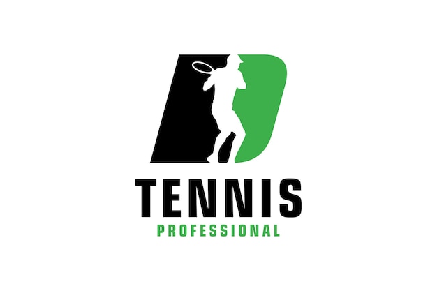 Buchstabe d mit silhouette des tennisspielers logo design vector design template elements für sportteam