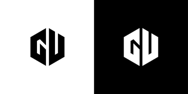 Buchstabe gu-polygon sechseckiges minimalistisches und professionelles logo-design auf schwarz-weißem hintergrund