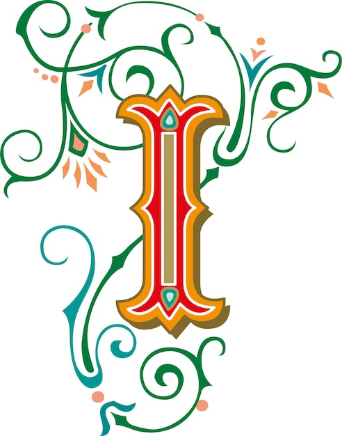 Buchstabe i blumenmonogramm. farbenfroher vintage-ornament-anfangs-alphabet-spiral-scroll-stil.