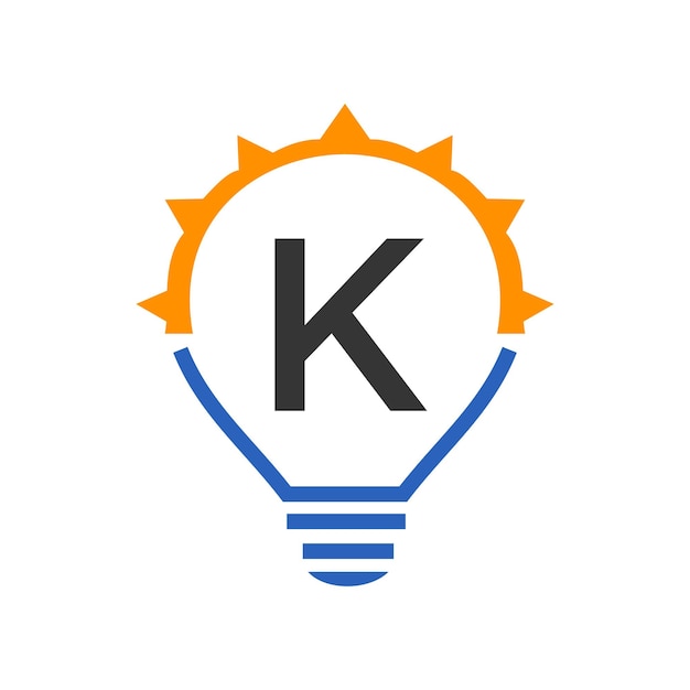 Vektor buchstabe k, elektrisches logo, buchstabe k mit glühbirne, vektorvorlage, öko-energie, strom, denken, idee, inspiration, energie, recycling, konzept