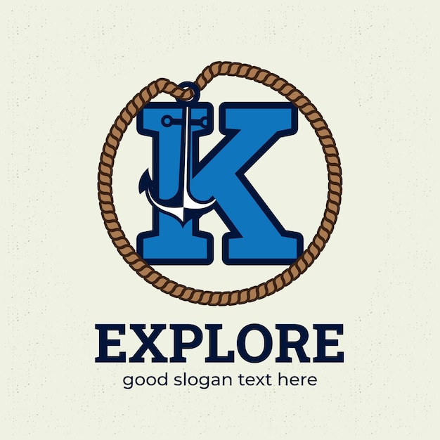 Buchstabe k-logo mit ankerillustration logo-design-vorlage nautisches logo-konzept vintage-stil