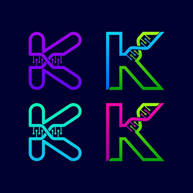 Vektor buchstabe k-logo mit genetischer dna-struktur und line dots-konzept für science laboratory company