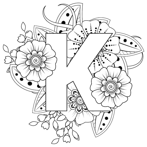 Buchstabe K mit dekorativem Ornament der Mehndi-Blume im ethnischen orientalischen Stil Malbuchseite