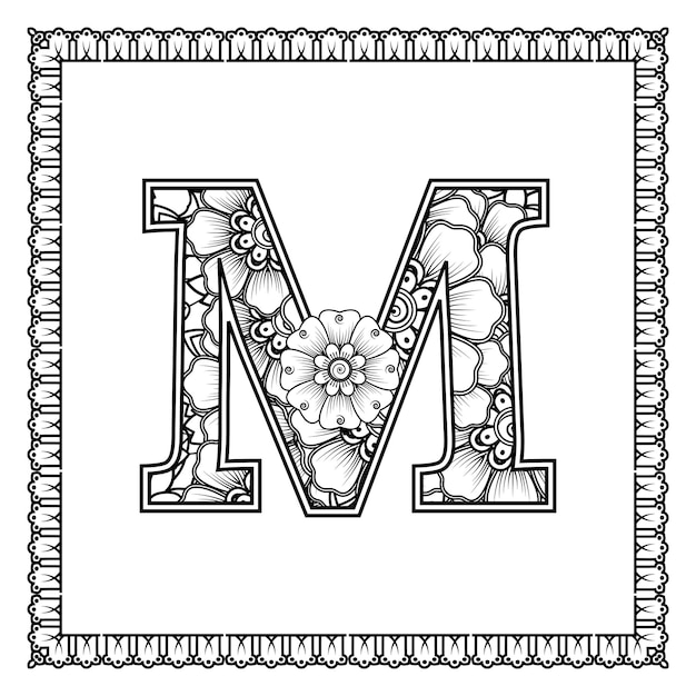 Buchstabe m mit dekorativem ornament der mehndi-blume im ethnischen orientalischen stil malbuchseite