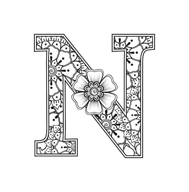 Buchstabe n aus blumen im mehndi-stil malbuch seite umriss handdraw vektor-illustration gemacht