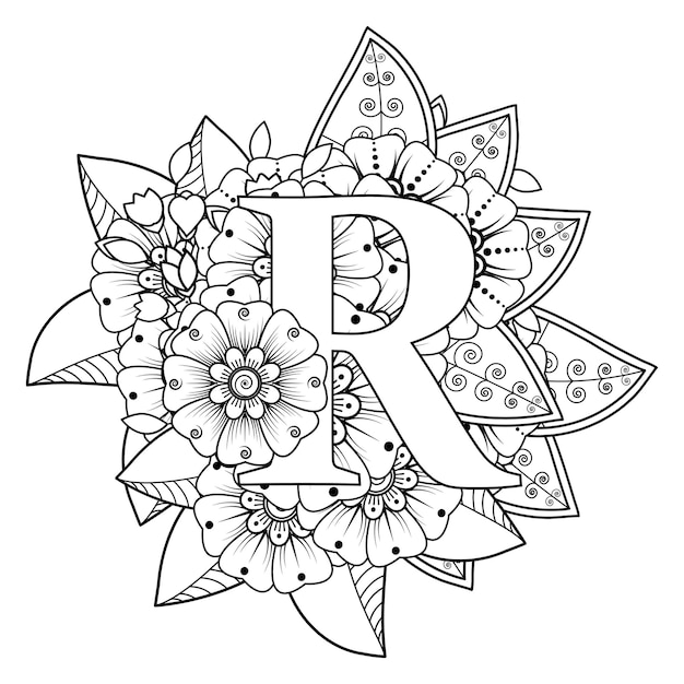 Buchstabe r mit dekorativem ornament der mehndi-blume im ethnischen orientalischen stil malbuchseite